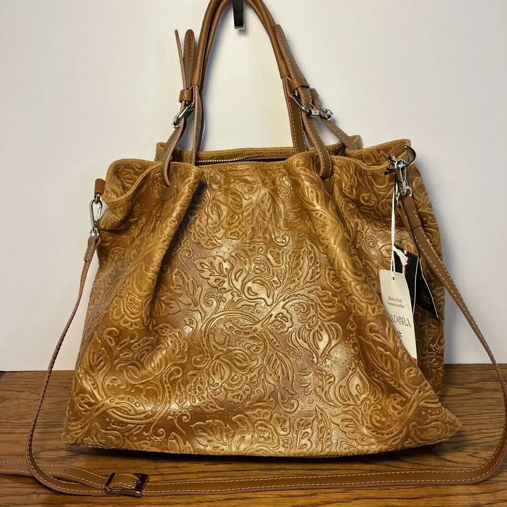 ISADORA‎ ITALY Cuoio Tooled Genuine Leather Large Tote Bag New with Tags